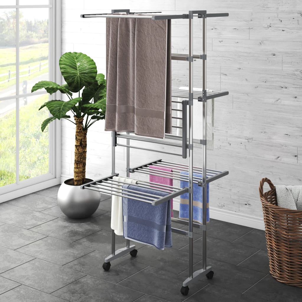 vidaXL Clothes Hanger Foldable Clothes Drying Rack Stand with Wheels Silver