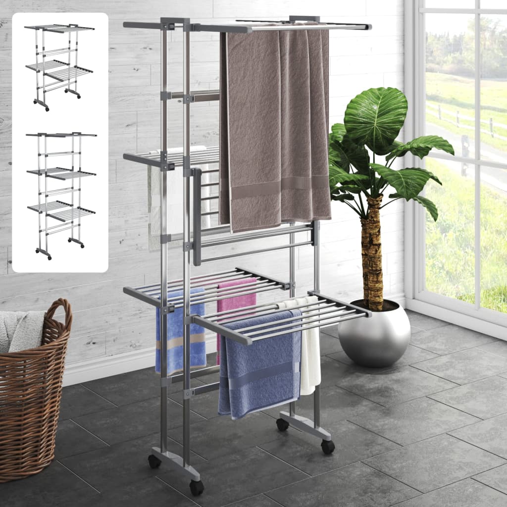 vidaXL Clothes Hanger Foldable Clothes Drying Rack Stand with Wheels Silver